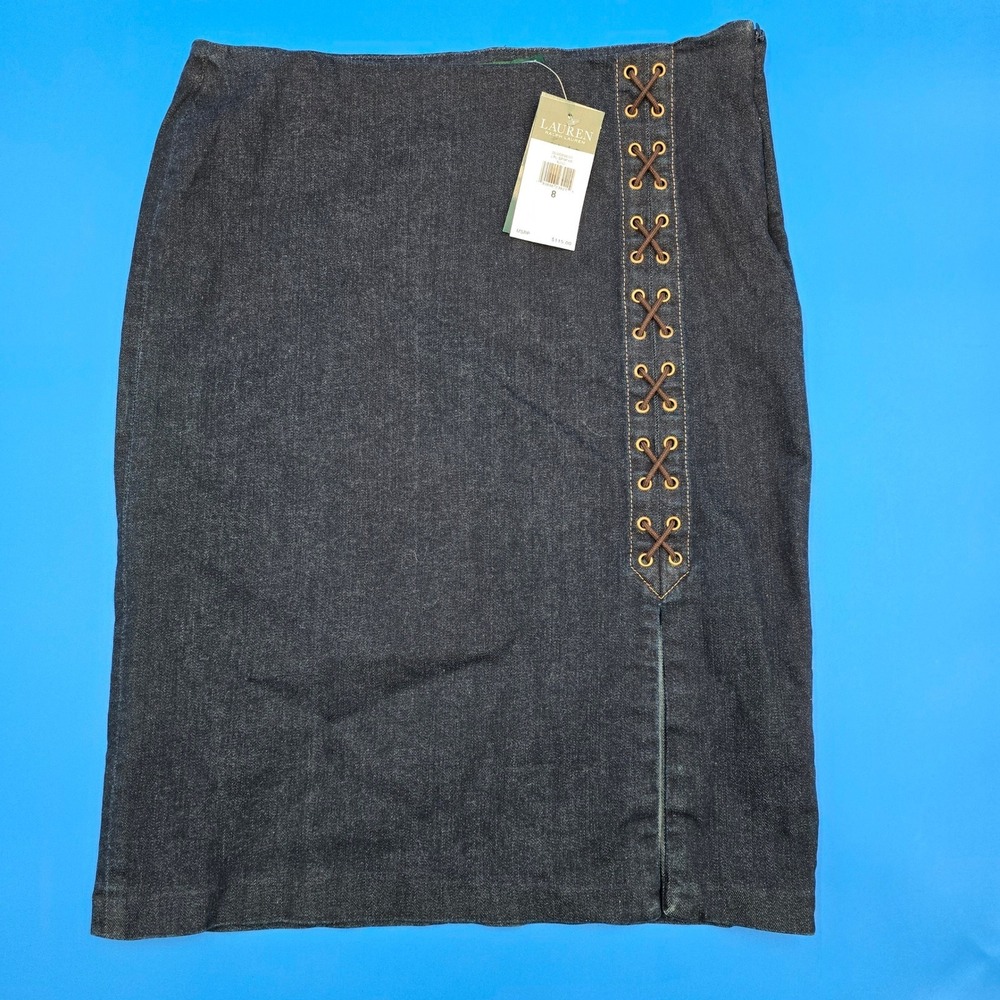 Lauren Ralph Lauren NWT Indigo Denim Lace Up Pencil Skirt 8 Nautical Preppy